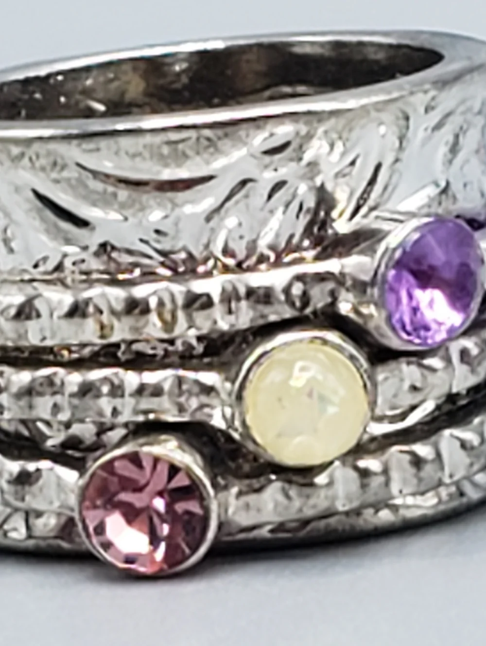 Silver Spinner Ring - 3 Multi-Stack Ring w/ Pink Purple Cream Stones - Hammered